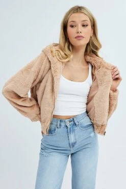 Beige Faux Fur Jacket Long Sleeve