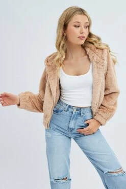 Beige Faux Fur Jacket Long Sleeve -Modern Fashion Shop OJ1709 33S CAMEL 3