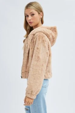 Beige Faux Fur Jacket Long Sleeve -Modern Fashion Shop OJ1709 33S CAMEL 4