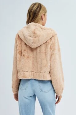 Beige Faux Fur Jacket Long Sleeve -Modern Fashion Shop OJ1709 33S CAMEL 5