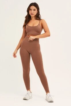 Brown Seamless Activewear Top And Pants Set -Modern Fashion Shop aw set brown seamless activewear top and pants set 32980779860161