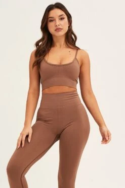 Brown Seamless Activewear Top And Pants Set -Modern Fashion Shop aw set brown seamless activewear top and pants set 32980779892929