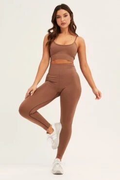 Brown Seamless Activewear Top And Pants Set -Modern Fashion Shop aw set brown seamless activewear top and pants set 32980779925697