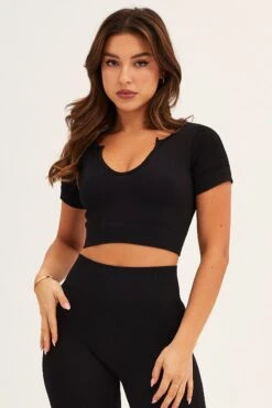 Black Seamless Activewear Short Sleeve Top