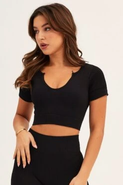 Black Seamless Activewear Short Sleeve Top -Modern Fashion Shop aw top black seamless activewear singlet top 32964738220225