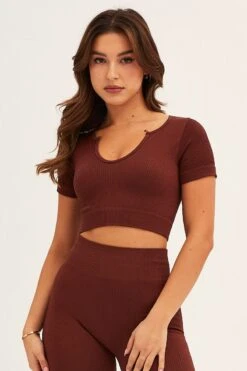 Brown Seamless Activewear Short Sleeve Top -Modern Fashion Shop aw top brown seamless activewear singlet top 32964739498177