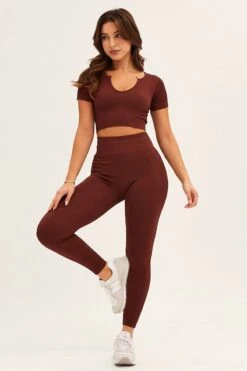 Brown Seamless Activewear Short Sleeve Top -Modern Fashion Shop aw top brown seamless activewear singlet top 32964739530945