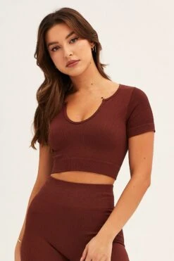 Brown Seamless Activewear Short Sleeve Top -Modern Fashion Shop aw top brown seamless activewear singlet top 32964739563713