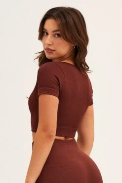 Brown Seamless Activewear Short Sleeve Top -Modern Fashion Shop aw top brown seamless activewear singlet top 32964739629249