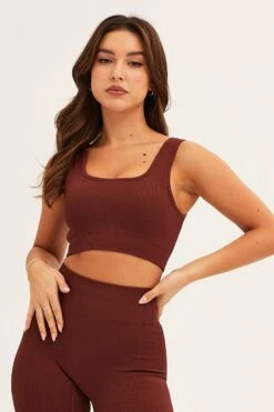Brown Seamless Activewear Singlet Top -Modern Fashion Shop aw top brown seamless activewear singlet top 32964741169345