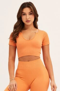 Orange Seamless Activewear Short Sleeve Top
