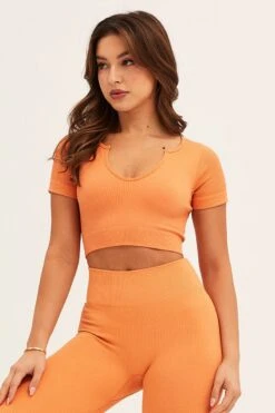 Orange Seamless Activewear Short Sleeve Top -Modern Fashion Shop aw top orange seamless activewear singlet top 32964739891393