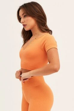 Orange Seamless Activewear Short Sleeve Top -Modern Fashion Shop aw top orange seamless activewear singlet top 32964739956929