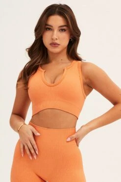 Orange Seamless Activewear V Neck Singlet Top -Modern Fashion Shop aw top orange seamless activewear v neck singlet top 32964738023617