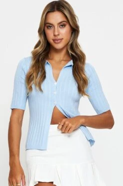 Blue Short Sleeve Collar Knit Cardigan -Modern Fashion Shop basic cardigan blue short sleeve collar knit cardigan 32967226753217