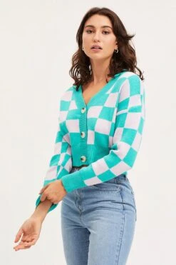 Check Knit Cardigan Long Sleeve Crop V-Neck -Modern Fashion Shop basic cardigan check knit cardigan long sleeve crop v neck 32965138088129