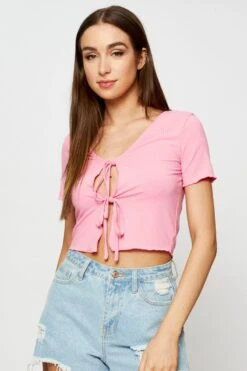 Pink Crop Cardigan Short Sleeve Tie Front -Modern Fashion Shop basic cardigan pink crop cardigan short sleeve tie front 32967230292161