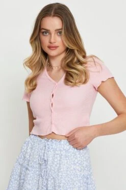 Pink Crop Cardigan Short Sleeve Waffle -Modern Fashion Shop basic cardigan pink crop cardigan short sleeve waffle 32967232323777