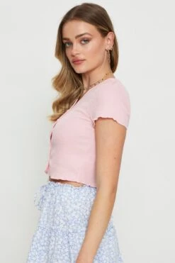 Pink Crop Cardigan Short Sleeve Waffle -Modern Fashion Shop basic cardigan pink crop cardigan short sleeve waffle 32967232356545