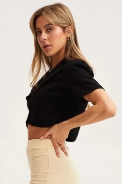 Black Crop Jacket Short Sleeve Collared -Modern Fashion Shop blazer black crop jacket short sleeve collared 32966592266433