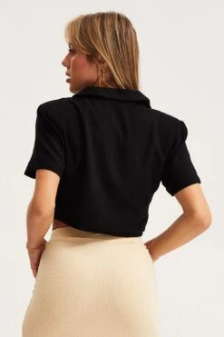 Black Crop Jacket Short Sleeve Collared -Modern Fashion Shop blazer black crop jacket short sleeve collared 32966592299201
