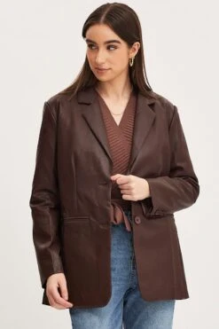 Brown Faux Leather Jacket Long Sleeve -Modern Fashion Shop blazer brown faux leather jacket long sleeve 32966634275009