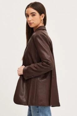 Brown Faux Leather Jacket Long Sleeve -Modern Fashion Shop blazer brown faux leather jacket long sleeve 32966634340545