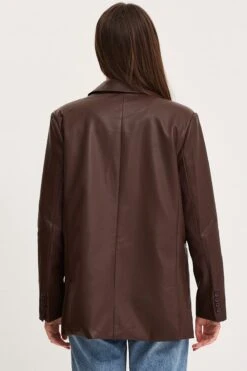 Brown Faux Leather Jacket Long Sleeve -Modern Fashion Shop blazer brown faux leather jacket long sleeve 32966634373313
