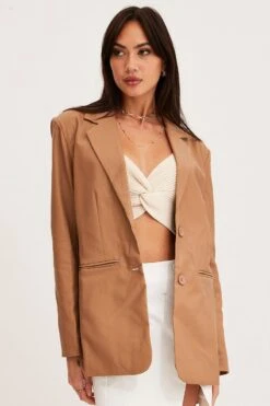 Beige Faux Leather Jacket Long Sleeve -Modern Fashion Shop blazer camel faux leather jacket long sleeve 32966635028673