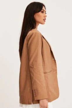 Beige Faux Leather Jacket Long Sleeve -Modern Fashion Shop blazer camel faux leather jacket long sleeve 32966635094209