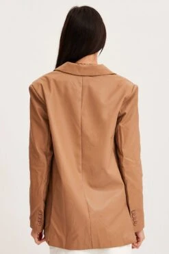 Beige Faux Leather Jacket Long Sleeve -Modern Fashion Shop blazer camel faux leather jacket long sleeve 32966635159745
