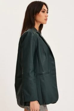 Green Faux Leather Jacket Long Sleeve -Modern Fashion Shop blazer green faux leather jacket long sleeve 32966634537153