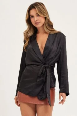 Black Wrap Jacket Long Sleeve -Modern Fashion Shop bomber jacket black wrap jacket long sleeve 32966607143105