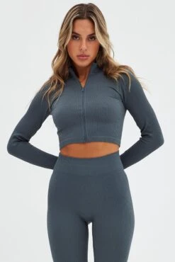 Grey Zip Up Top Seamless Activewear -Modern Fashion Shop bs1925 39j charcoal 3