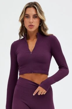 Purple Zip Up Top Seamless Activewear -Modern Fashion Shop bs1925 39j plum 3