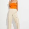 Beige Elastic Waist High Rise Wide Leg Cargo Pants