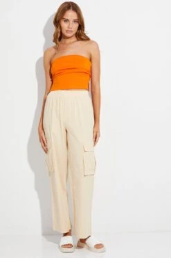 Beige Elastic Waist High Rise Wide Leg Cargo Pants -Modern Fashion Shop bt12436 f beige 3