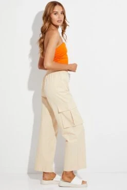 Beige Elastic Waist High Rise Wide Leg Cargo Pants -Modern Fashion Shop bt12436 f beige 4