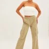 Green Elastic Waist High Rise Wide Leg Cargo Pants -Modern Fashion Shop bt12436 f khaki 1