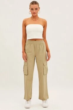 Green Elastic Waist High Rise Wide Leg Cargo Pants -Modern Fashion Shop bt12436 f khaki 3