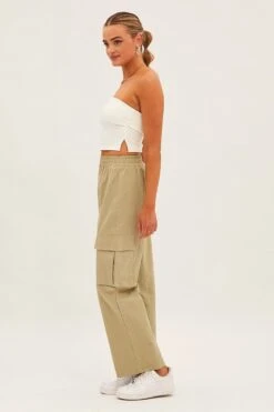 Green Elastic Waist High Rise Wide Leg Cargo Pants -Modern Fashion Shop bt12436 f khaki 4