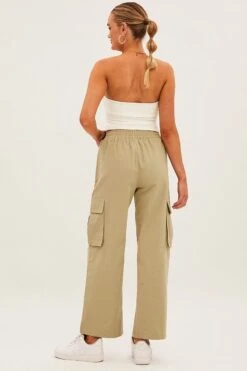 Green Elastic Waist High Rise Wide Leg Cargo Pants -Modern Fashion Shop bt12436 f khaki 5