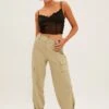 Green High Rise Wide Leg Cargo Pants -Modern Fashion Shop bt12438 f khaki 1