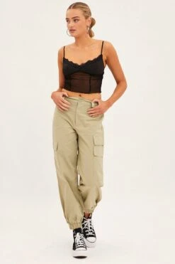 Green High Rise Wide Leg Cargo Pants -Modern Fashion Shop bt12438 f khaki 3