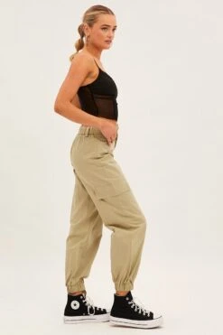Green High Rise Wide Leg Cargo Pants -Modern Fashion Shop bt12438 f khaki 4