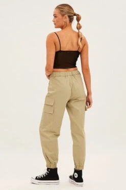 Green High Rise Wide Leg Cargo Pants -Modern Fashion Shop bt12438 f khaki 5