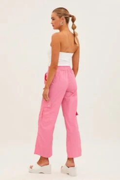 Pink Elastic Waist High Rise Wide Leg Cargo Pants -Modern Fashion Shop bt12442 f hot pink 5