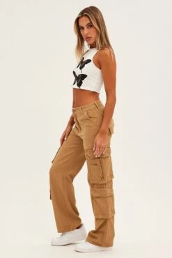 Brown Wide Leg Denim Cargo Pants -Modern Fashion Shop bt12600 f4 brown 4