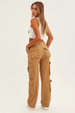 Brown Wide Leg Denim Cargo Pants -Modern Fashion Shop bt12600 f4 brown 5
