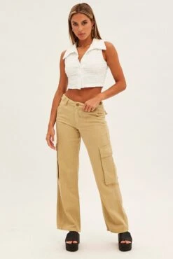 Green Wide Leg Denim Cargo Pants -Modern Fashion Shop bt12602a f4 khaki 3